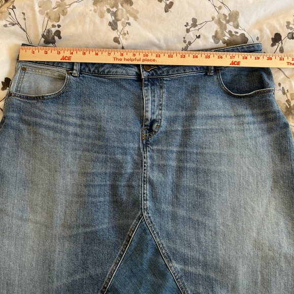 WRAP LONDON BLUE DENIM PATCHWORK A-LINE MIDI SKIRT SZ. 18 - Picture 9 of 11